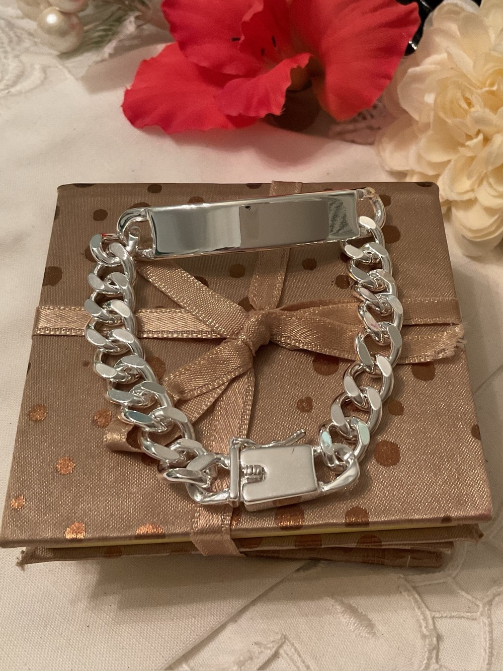 NEW WITHOUT TAGS 925 STERLING SILVER HIGH POLISHED ID BRACELET, 8” 34 GRAMS 10MM